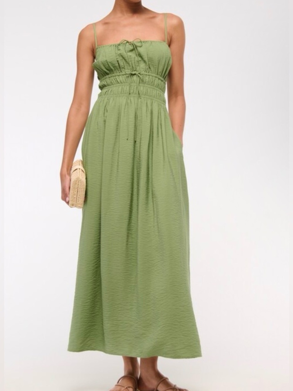 Abercrombie Smocked Tie Front Maxi Dress Green Sz XL NWT